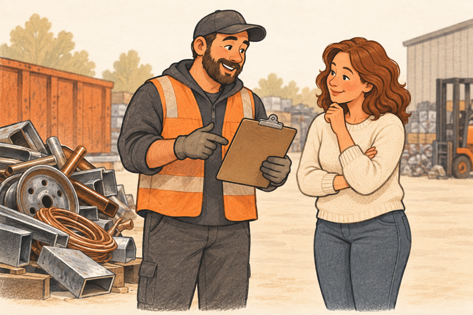 Illustration of a team member discussing a scrap estimate with a customer