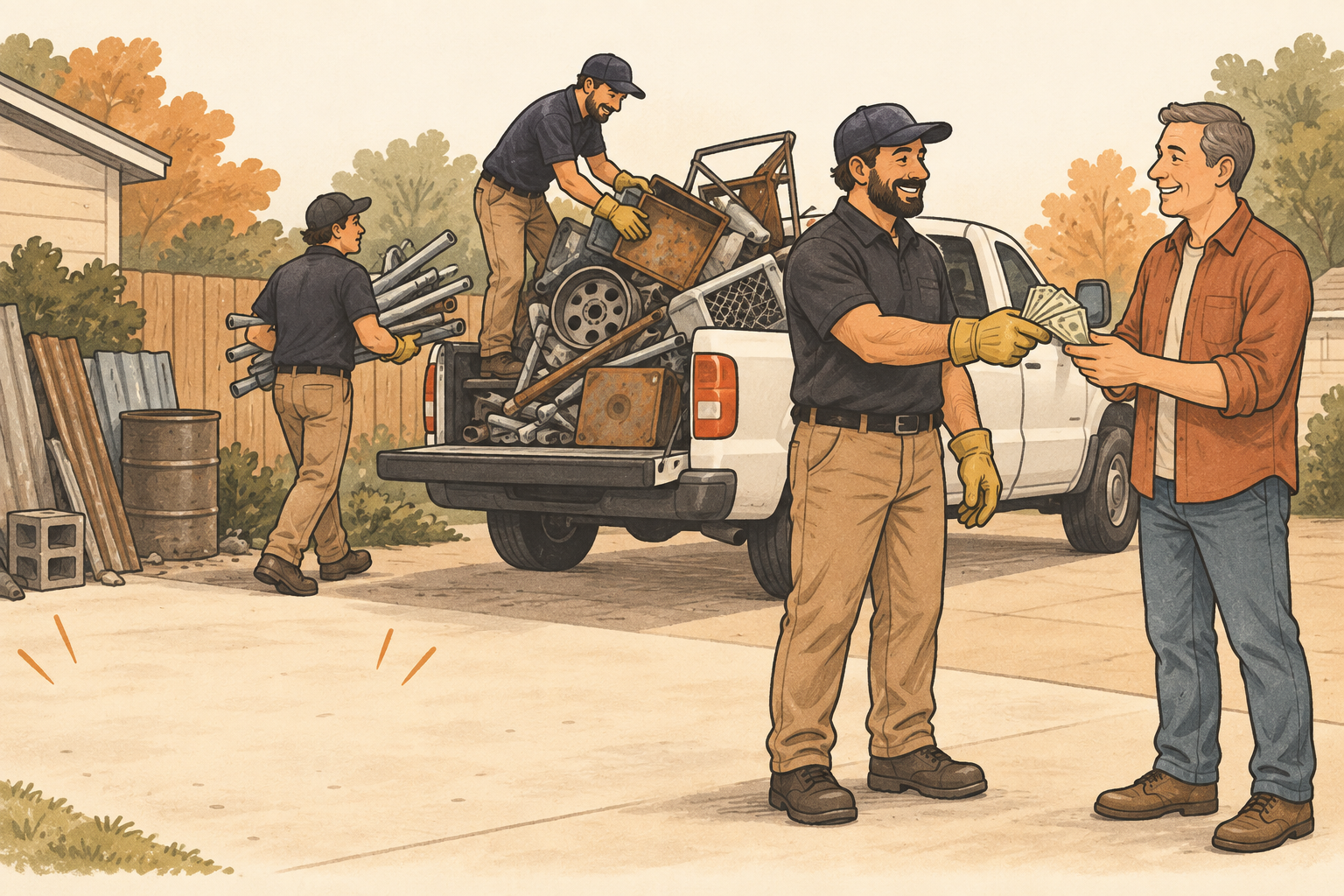 Illustration of a scrap removal team loading a truck and paying a customer